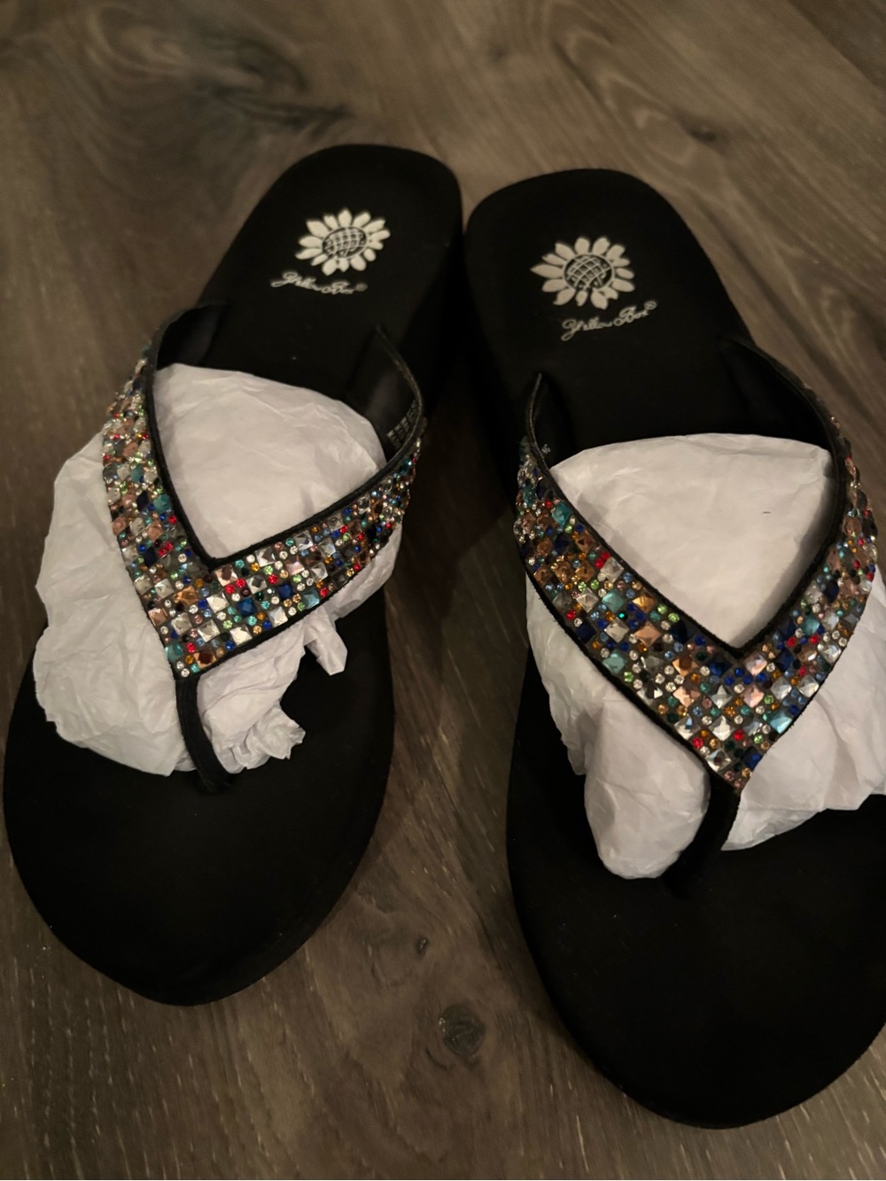 Yellow Box Black Sandals “Scalia” with Multicolor Rhinestone Straps